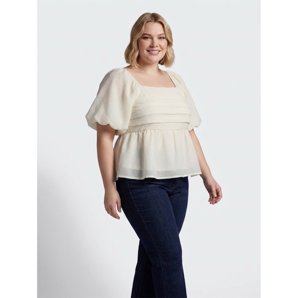 Cocobleu Ivory Puff Sleeve Blouse Square Neck Smocked Peplum Top XL Vintage y2k